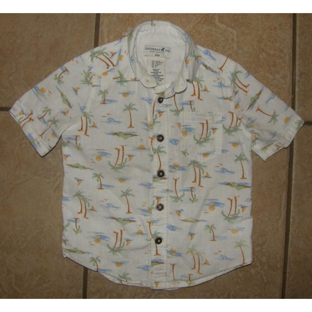 CARIBBEAN JOE Boys Sz XS (4) Hawaiian Tropical Palm Tree Cotton Button Up Shirt